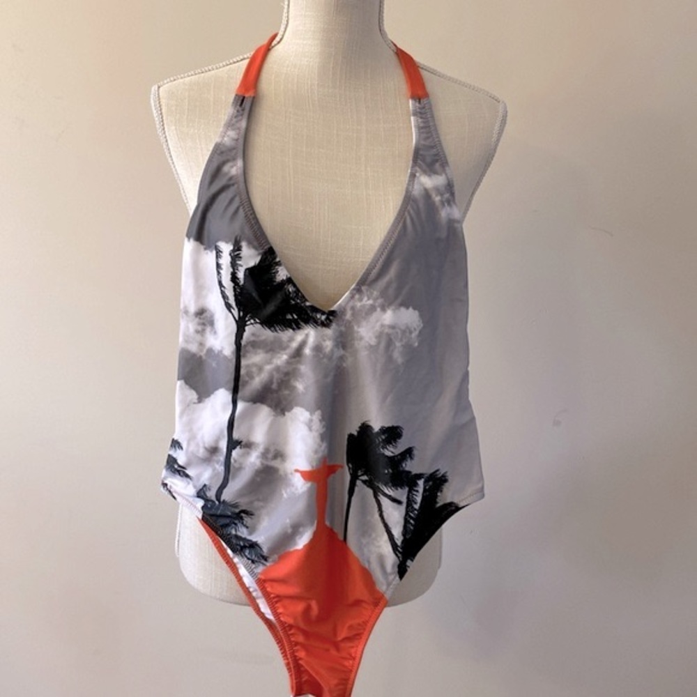 Boogaloo women’s support one piece swimsuit tie neck, low back cut “Jesus”